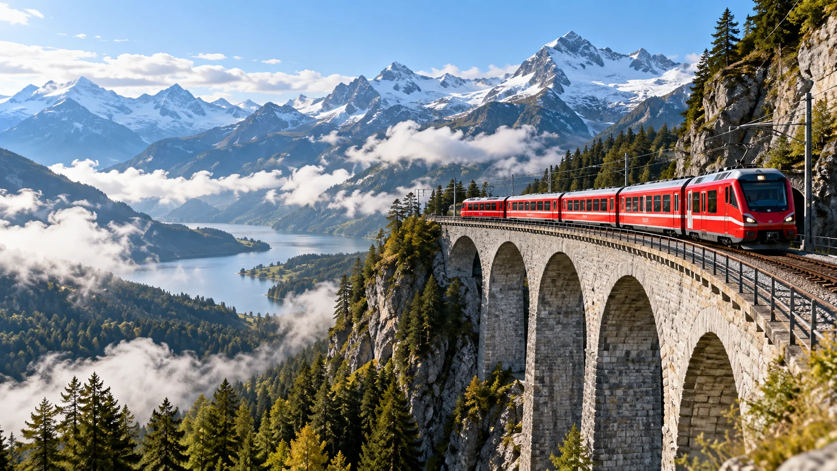 Mountain train concept moving through a broad alpine landscape